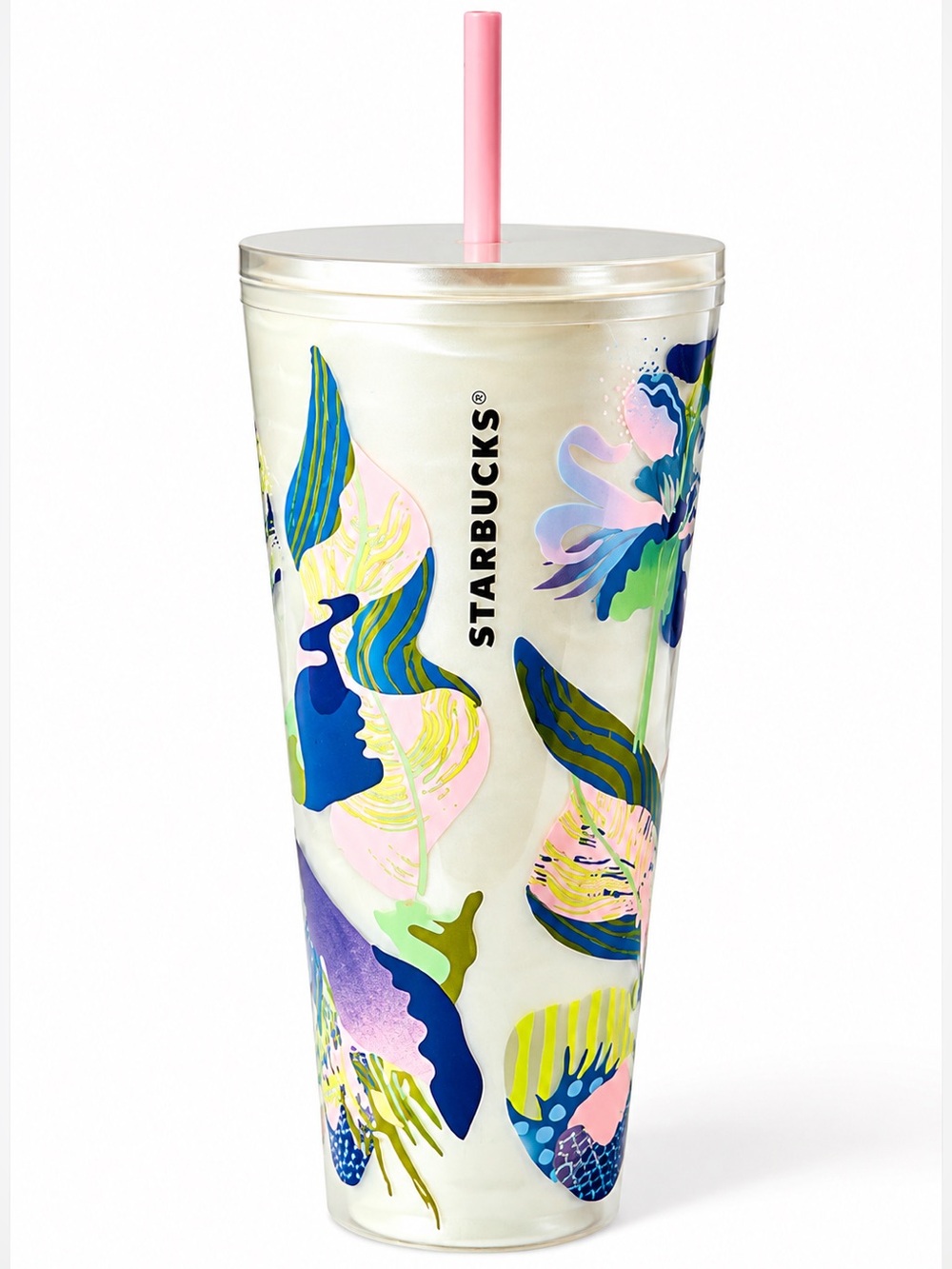 Starbucks Summer 2024 Floral Cold Cup Tumbler 24oz Pearl Marble Pink Straw NWT